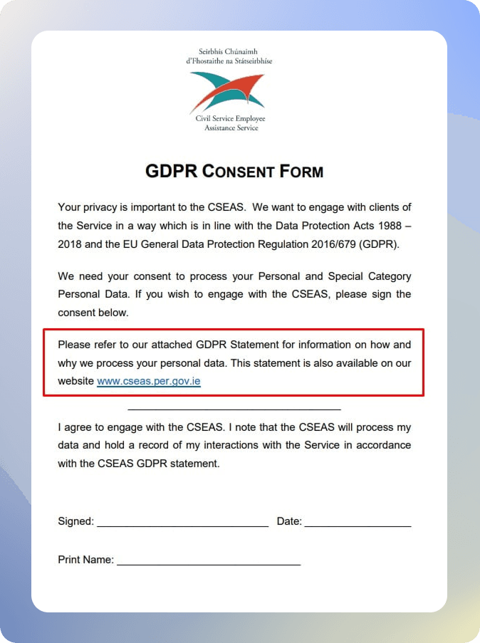 Consent form showing retention period and automatic purge settings